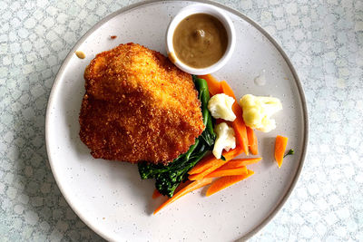 High angle view of food in plate on table