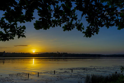 Scenic view of lake against sky during sunset
