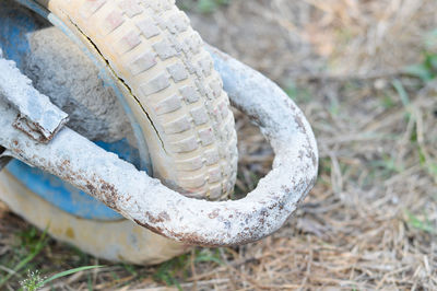 High angle view of tire on field