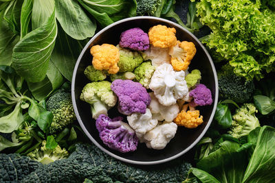 High angle view of chopped vegetables in bowl