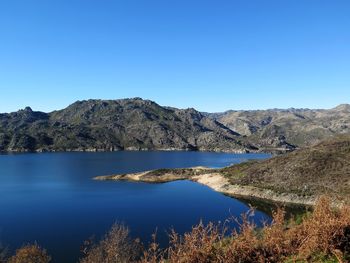 Scenic view of lake and mountains against clear blue sky