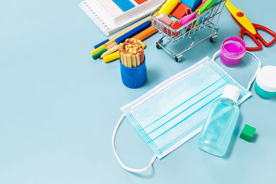 High angle view of objects on table