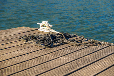 High angle view of wooden post on pier