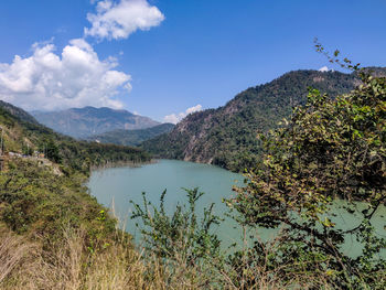 Scenic view of lake and mountains against sky