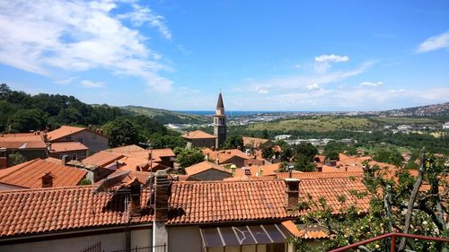 High angle view of cityscape against sky