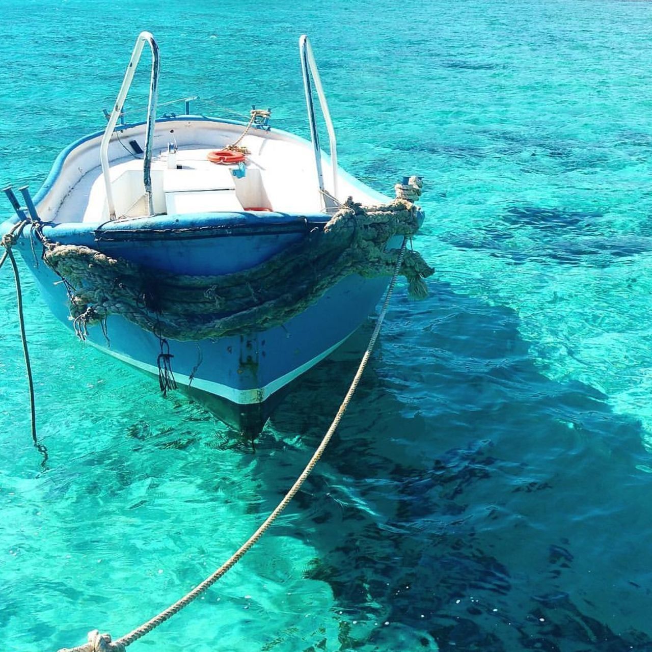 water, sea, nautical vessel, transportation, nature, mode of transportation, day, moored, rope, no people, underwater, sunlight, outdoors, beauty in nature, turquoise colored, blue, travel, high angle view, waterfront, undersea, fishing boat