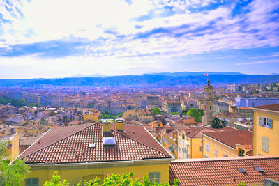 High angle view of townscape against sky