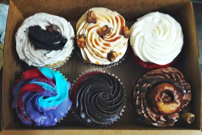 High angle view of cupcakes on table