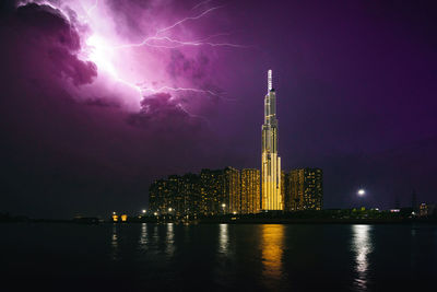 Illuminated city by river against sky at night