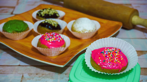 High angle view of cupcakes on table