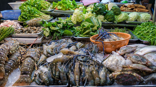 High angle view of seafood for sale at market stall