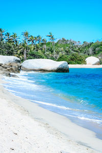 Scenic view of beach against blue sky