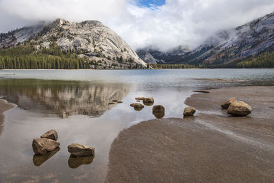 Scenic view of lake by mountains against sky