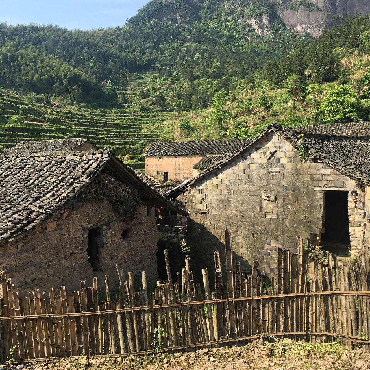 architecture, built structure, building exterior, old, house, tree, stone wall, abandoned, run-down, damaged, deterioration, obsolete, old ruin, day, history, rural scene, fence, weathered, outdoors, ruined