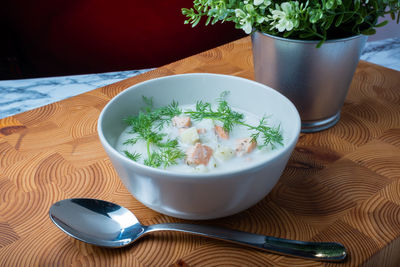 High angle view of vegetables in bowl on table