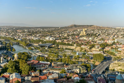 High angle shot of townscape against sky