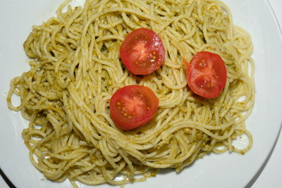 High angle view of strawberries in plate