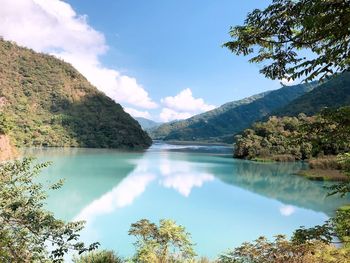 Scenic view of lake by trees against sky