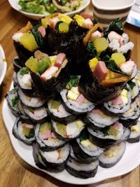 High angle view of sushi in plate on table