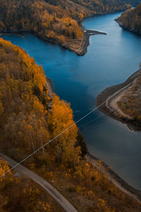 High angle view of road amidst trees during autumn