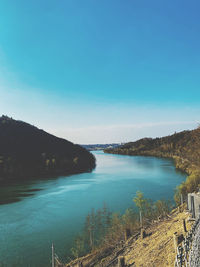 Scenic view of lake against clear blue sky