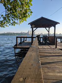 Wooden pier on lake against clear sky