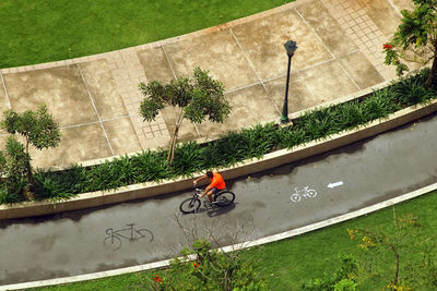 High angle view of bicycle on bike lane