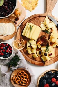 High angle view of food served on table