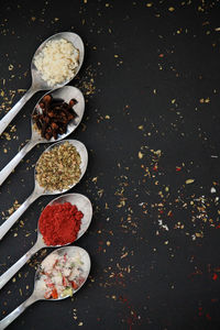 High angle view of food served on table