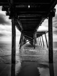 Silhouette of pier on beach against sky