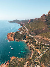 High angle view of sea against clear sky