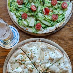 High angle view of pizza on table