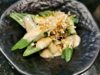 High angle view of meal served in bowl