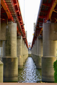 Low angle view of bridge over river against sky