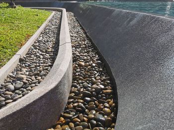 High angle view of stones on railroad track