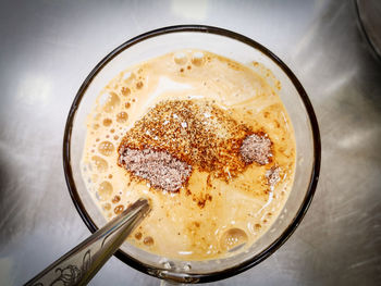 High angle view of dessert in glass on table