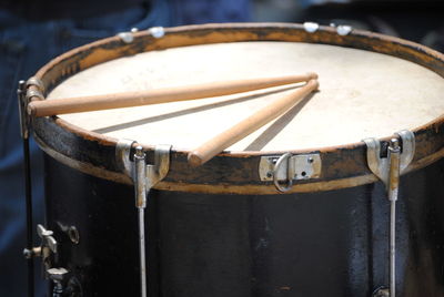 High angle view of old wooden drum