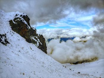 Scenic view of snow covered mountain against sky