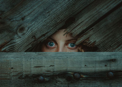 Portrait of a boy hiding behind wood