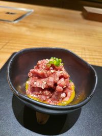 High angle view of food in plate on table