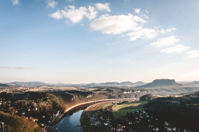 High angle view of bridge over canal against sky