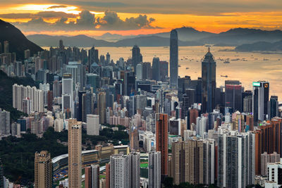 Aerial view of buildings in city during sunset