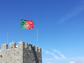 Low angle view of flags against clear blue sky