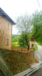 View of trees along stone wall