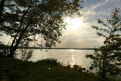 Scenic view of lake against cloudy sky