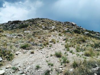 Scenic view of mountain against cloudy sky