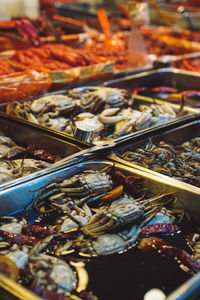 View of market stall with seafood for sale