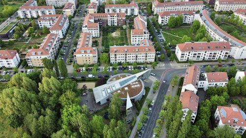 High angle view of buildings in city