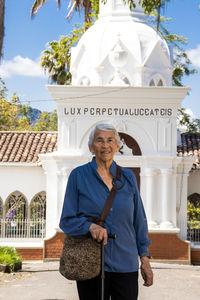 Senior woman tourist at the heritage town of salamina in the department of caldas in colombia