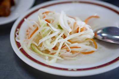 High angle view of noodles in plate on table